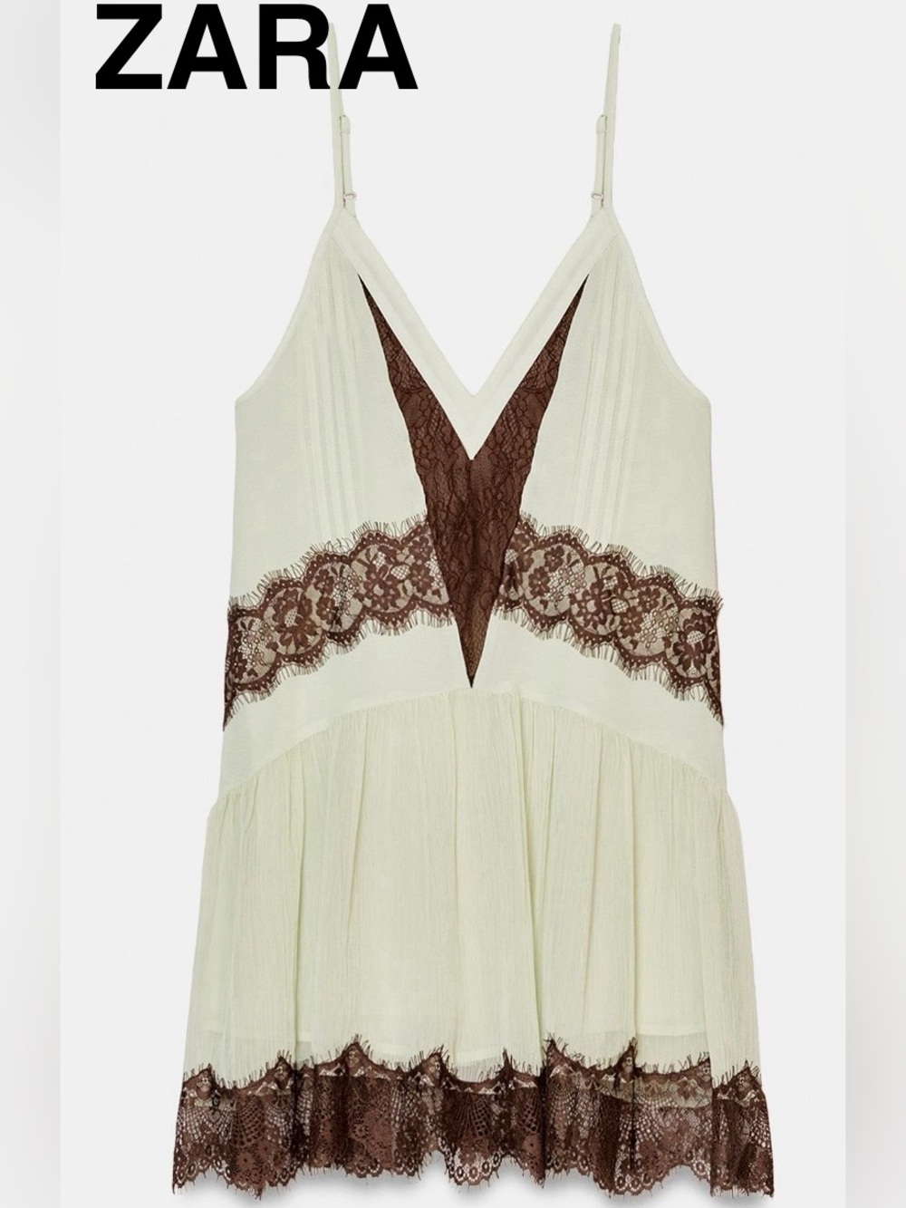 ZARA Shirt Combination Lace Slip Dress/Top with Brown Lace Trim - Size S - NEW